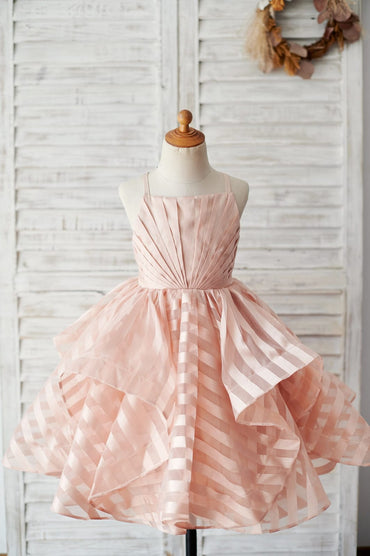 Peach Pink Stripe Organza Spaghetti Straps Wedding Flower 