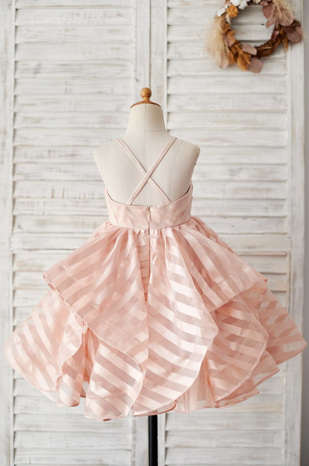 Peach Pink Stripe Organza Spaghetti Straps Wedding Flower 