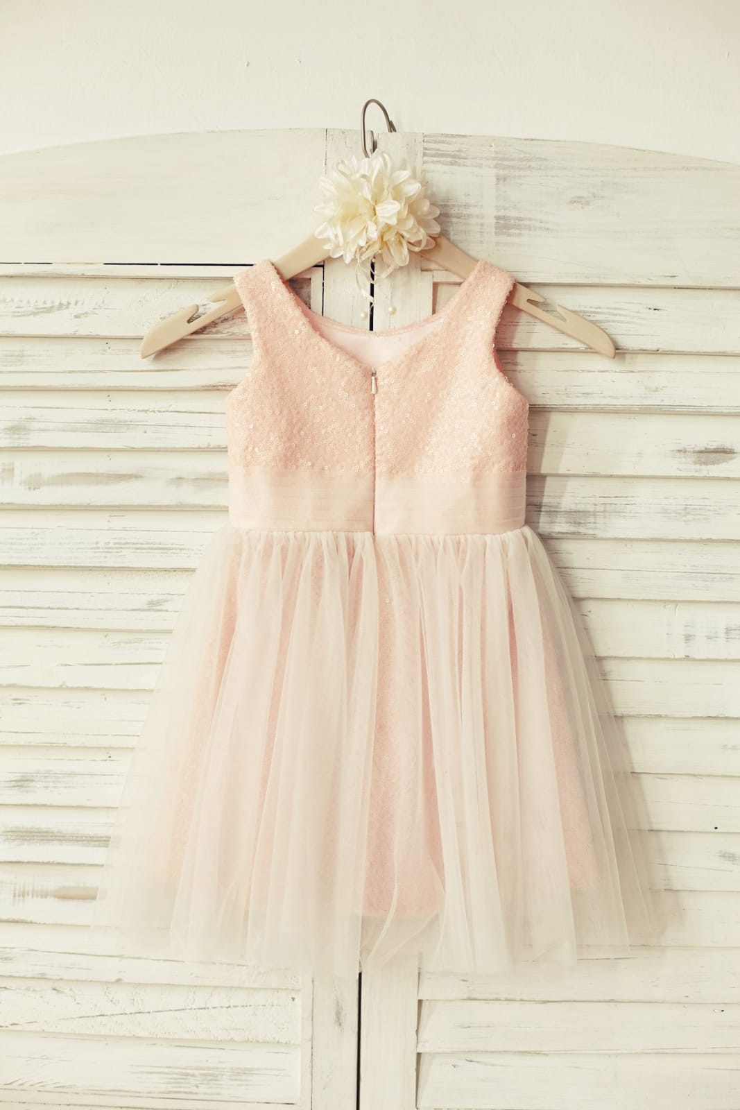 Peach Pink Sequin Tulle Flower Girl Dress