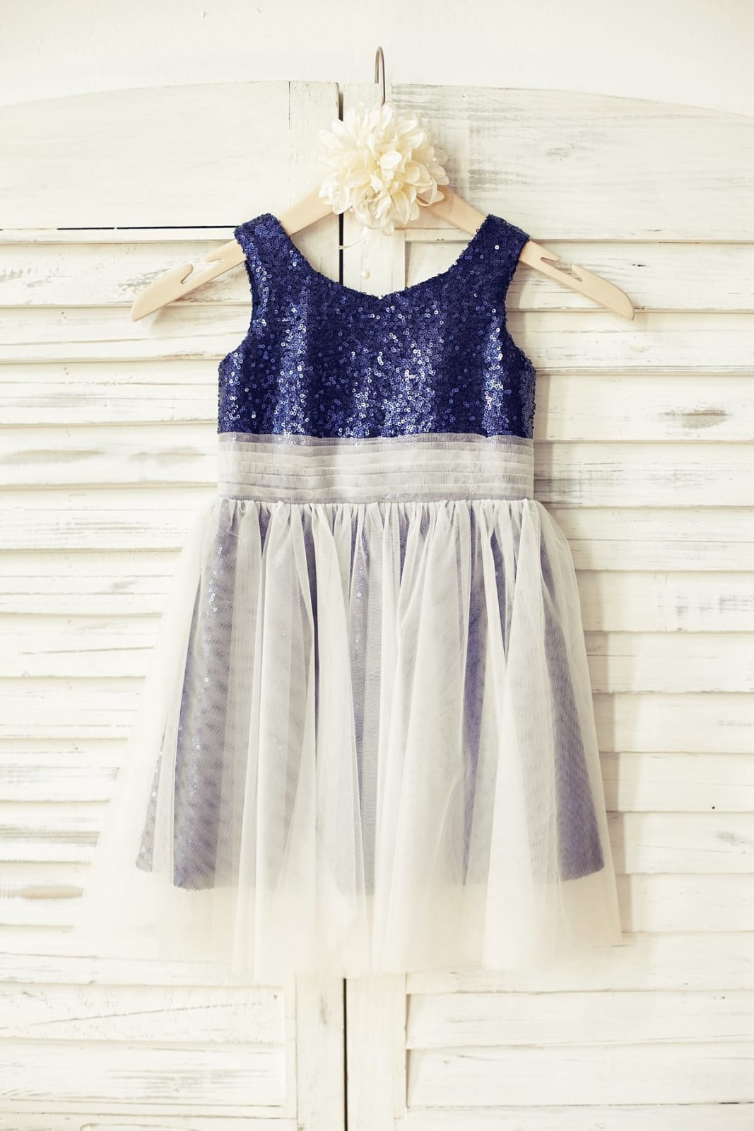 Peach Pink Sequin Tulle Flower Girl Dress - 2T / Navy Blue