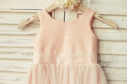 Peach Pink Sequin Tulle Flower Girl Dress