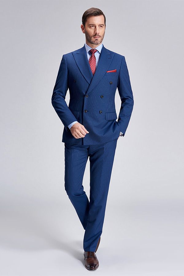 Peak Lapel Blue Mens Suits for Business Stripes Double Breasted Mens Suits-showprettydress