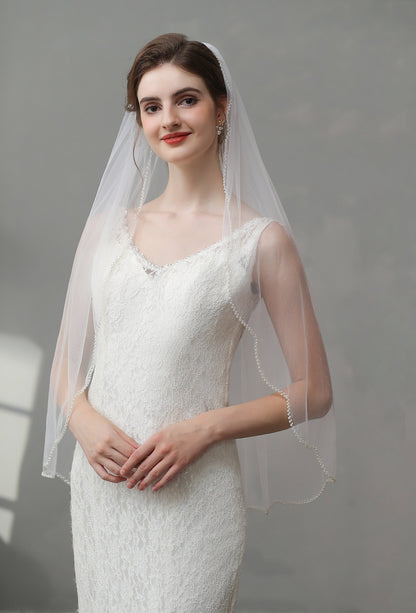 Roycebridal Vintage Pearls Ivory With Beaded Scalloped Bridal Veil Wedding Veil