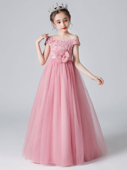 Pink Bateau Neck Sleeveless Bows Formal Kids Pageant flower girl dresses-showprettydress