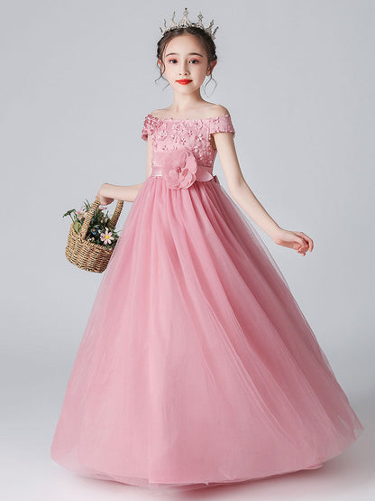 Pink Bateau Neck Sleeveless Bows Formal Kids Pageant flower girl dresses-showprettydress