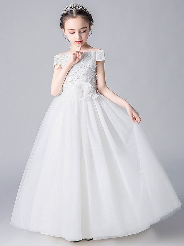 Pink Bateau Neck Sleeveless Bows Formal Kids Pageant flower girl dresses-showprettydress