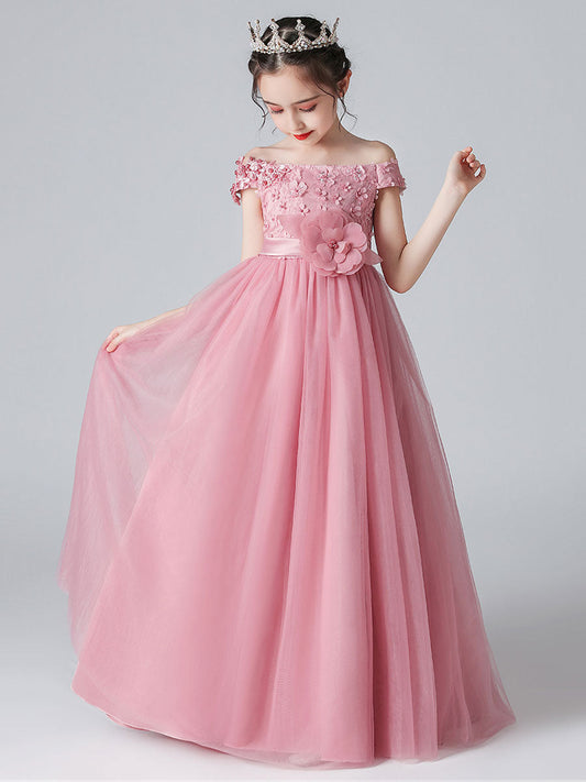 Pink Bateau Neck Sleeveless Bows Formal Kids Pageant flower girl dresses-showprettydress