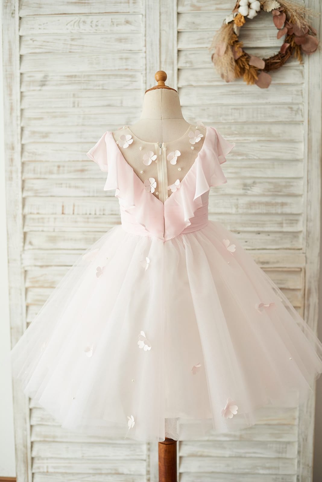 Pink Chiffon Tulle Sheer Neck Wedding Flower Girl Dress