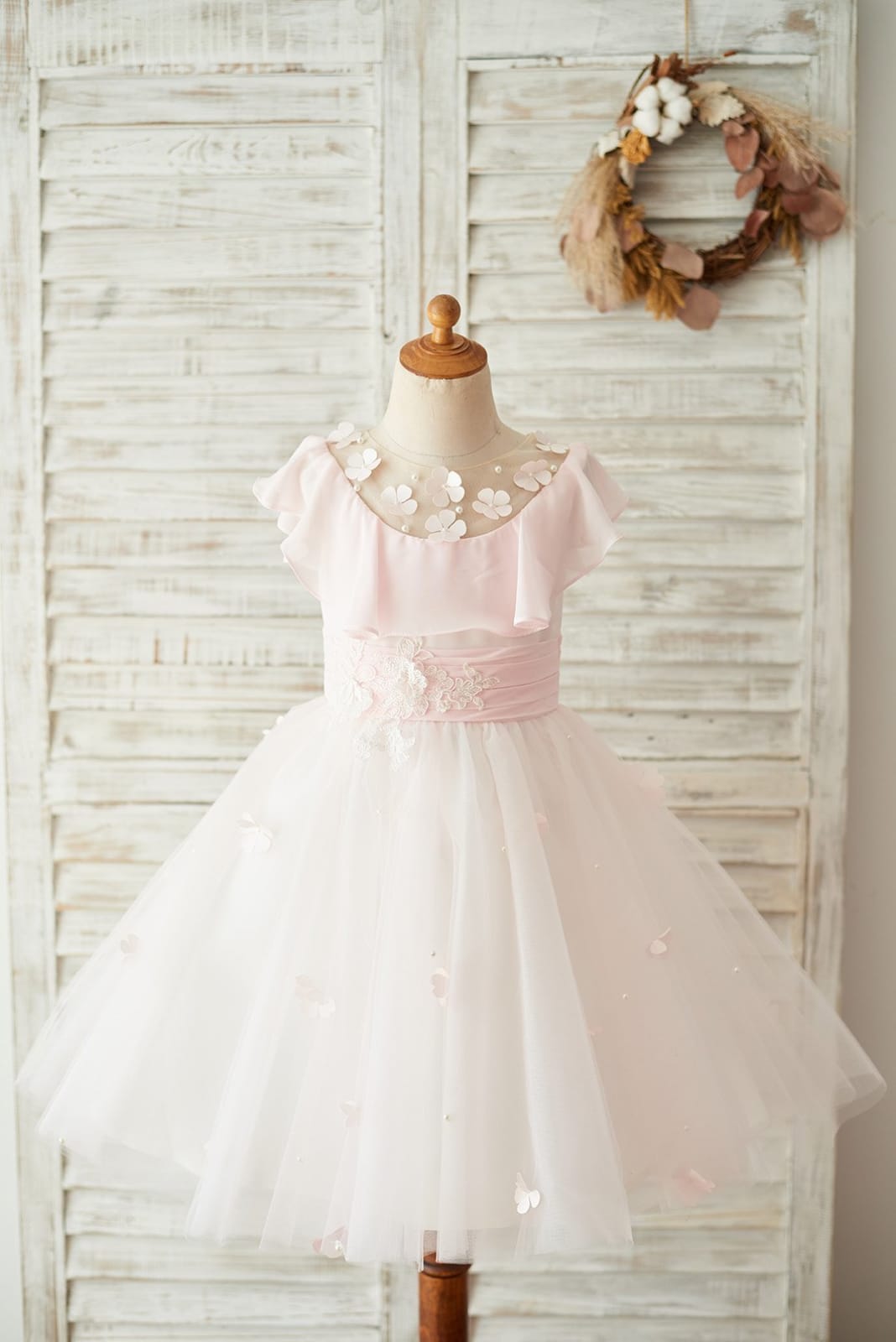 Pink Chiffon Tulle Sheer Neck Wedding Flower Girl Dress