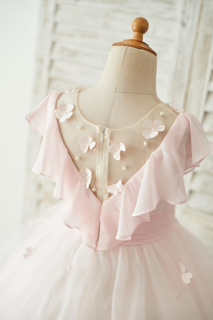 Pink Chiffon Tulle Sheer Neck Wedding Flower Girl Dress