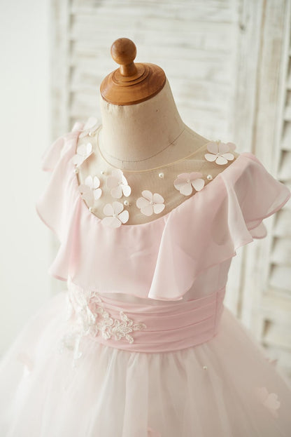 Pink Chiffon Tulle Sheer Neck Wedding Flower Girl Dress