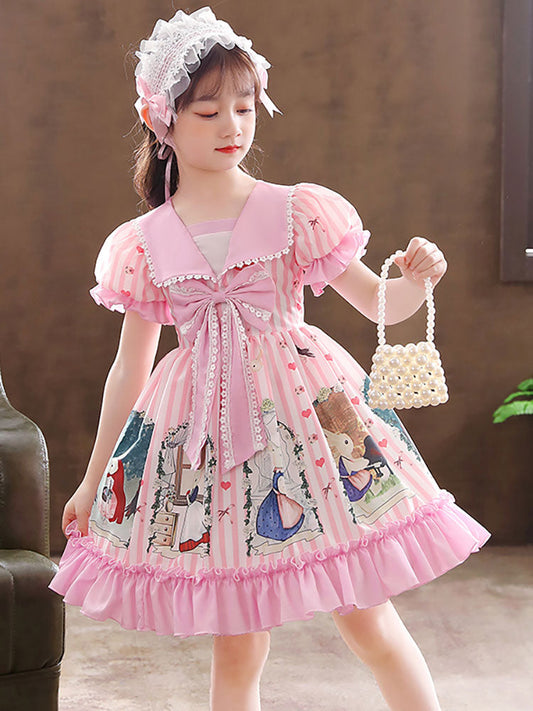 Pink Designed Neckline Short Sleeves Lace Tulle Embroidered Kids Social Party Dresses-showprettydress