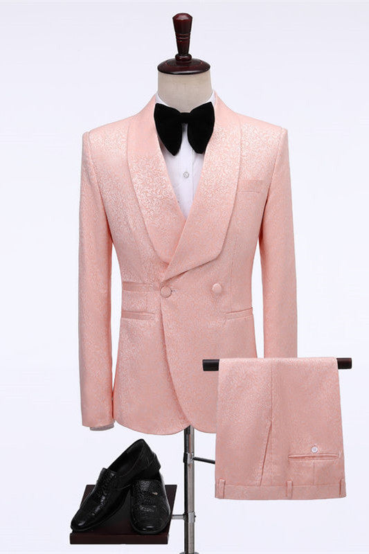 Pink Double Breasted Jacquard shawl Lapel Wedding Men Suits-showprettydress