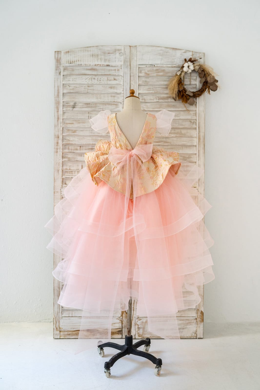 Pink Jacquard Hi Low Tulle Wedding Flower Girl Dress Kids 