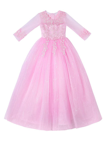 Pink Jewel Neck Half Sleeves Ankle-Length Lace Princess Bows Formal Kids Pageant flower girl dresses-showprettydress