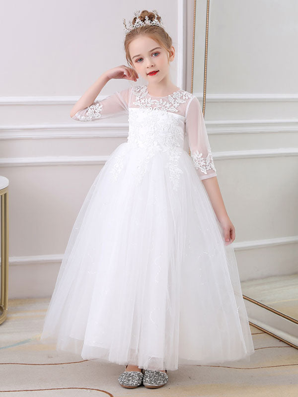 Pink Jewel Neck Half Sleeves Ankle-Length Lace Princess Bows Formal Kids Pageant flower girl dresses-showprettydress