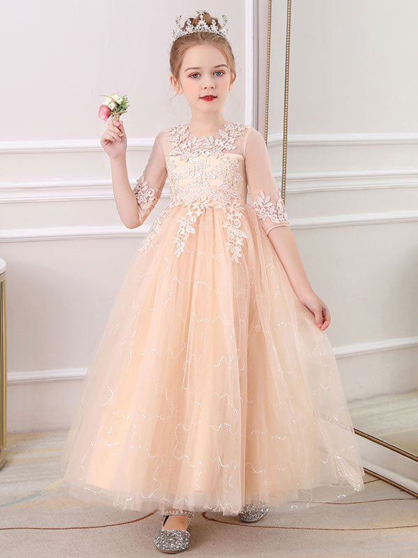 Pink Jewel Neck Half Sleeves Ankle-Length Lace Princess Bows Formal Kids Pageant flower girl dresses-showprettydress