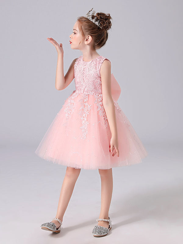 Pink Jewel Neck Lace Bows Formal Kids Pageant flower girl dresses-showprettydress