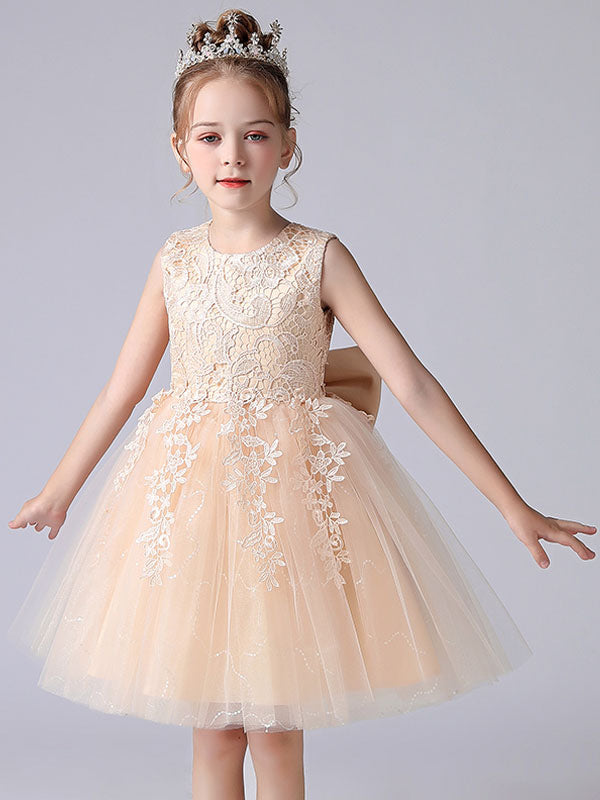 Pink Jewel Neck Lace Bows Formal Kids Pageant flower girl dresses-showprettydress