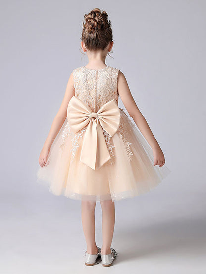 Pink Jewel Neck Lace Bows Formal Kids Pageant flower girl dresses-showprettydress