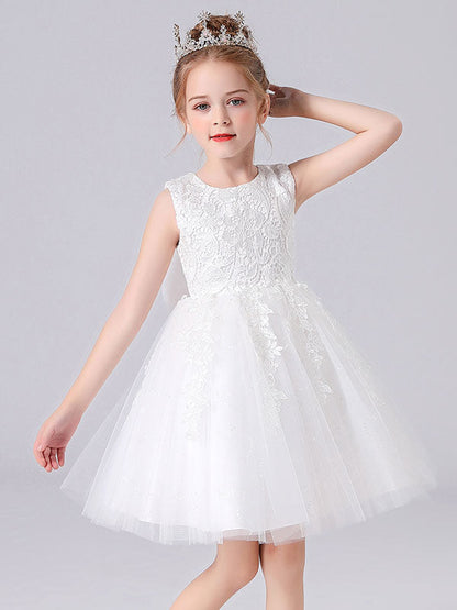 Pink Jewel Neck Lace Bows Formal Kids Pageant flower girl dresses-showprettydress