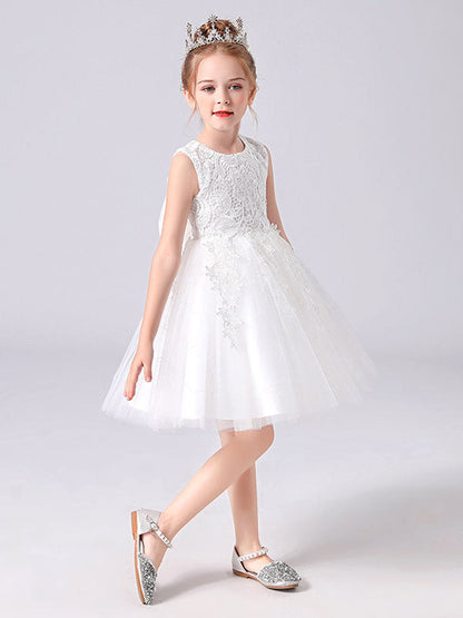 Pink Jewel Neck Lace Bows Formal Kids Pageant flower girl dresses-showprettydress