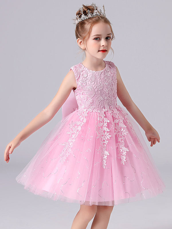 Pink Jewel Neck Lace Bows Formal Kids Pageant flower girl dresses-showprettydress