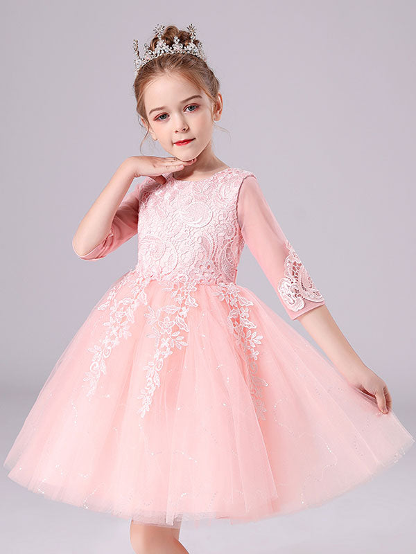 Pink Jewel Neck Lace Half Sleeves Short Princess Dress Kids Social Party Dresses-showprettydress