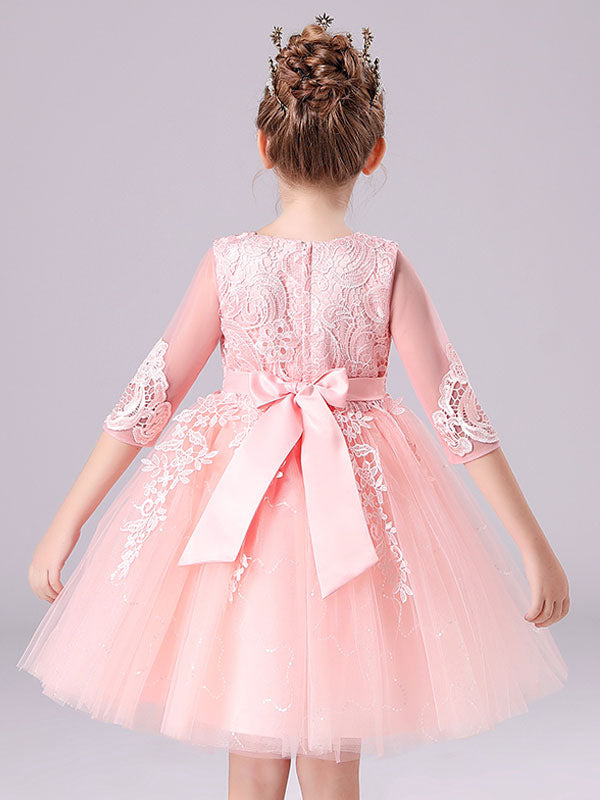 Pink Jewel Neck Lace Half Sleeves Short Princess Dress Kids Social Party Dresses-showprettydress