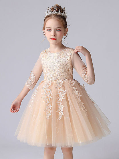 Pink Jewel Neck Lace Half Sleeves Short Princess Dress Kids Social Party Dresses-showprettydress