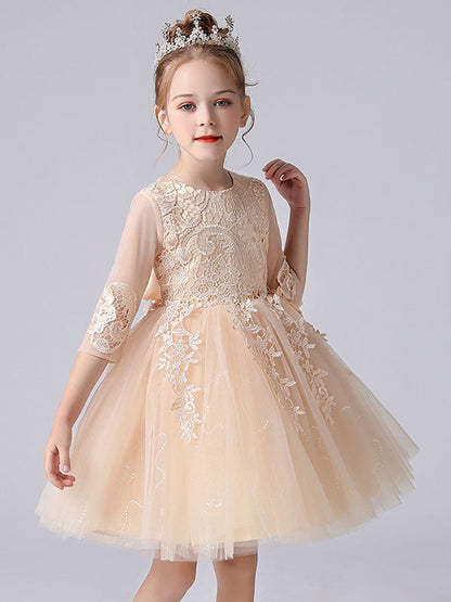 Pink Jewel Neck Lace Half Sleeves Short Princess Dress Kids Social Party Dresses-showprettydress