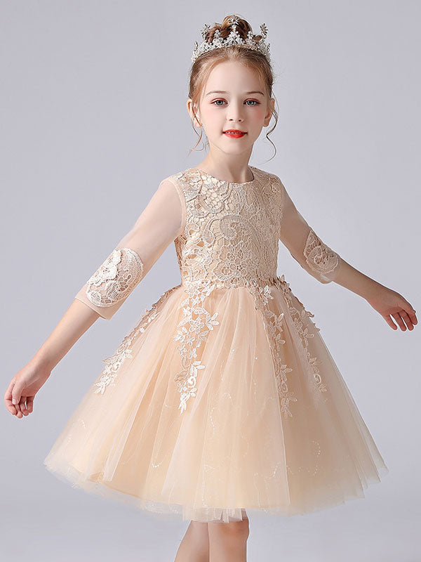 Pink Jewel Neck Lace Half Sleeves Short Princess Dress Kids Social Party Dresses-showprettydress