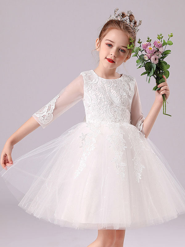 Pink Jewel Neck Lace Half Sleeves Short Princess Dress Kids Social Party Dresses-showprettydress