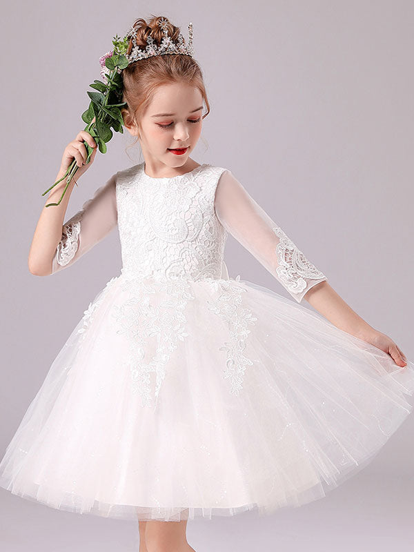 Pink Jewel Neck Lace Half Sleeves Short Princess Dress Kids Social Party Dresses-showprettydress