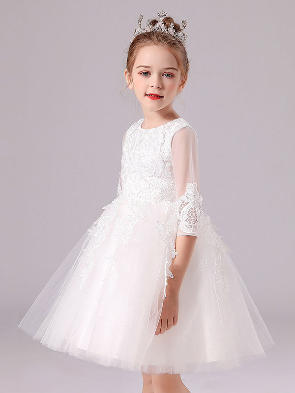 Pink Jewel Neck Lace Half Sleeves Short Princess Dress Kids Social Party Dresses-showprettydress