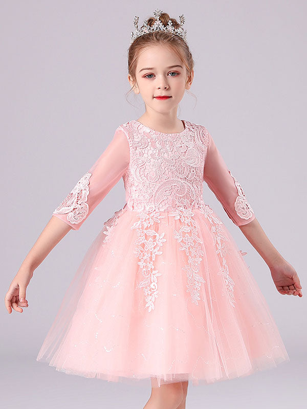 Pink Jewel Neck Lace Half Sleeves Short Princess Dress Kids Social Party Dresses-showprettydress