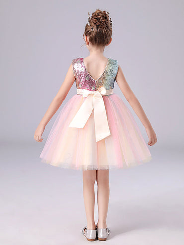 Pink Jewel Neck Polyester Sleeveless Short A-Line Tulle Sequins Kids Party Dresses-showprettydress