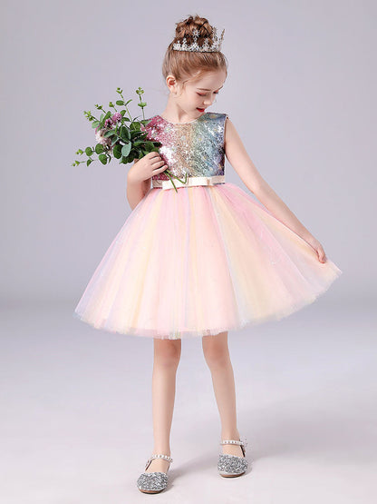 Pink Jewel Neck Polyester Sleeveless Short A-Line Tulle Sequins Kids Party Dresses-showprettydress