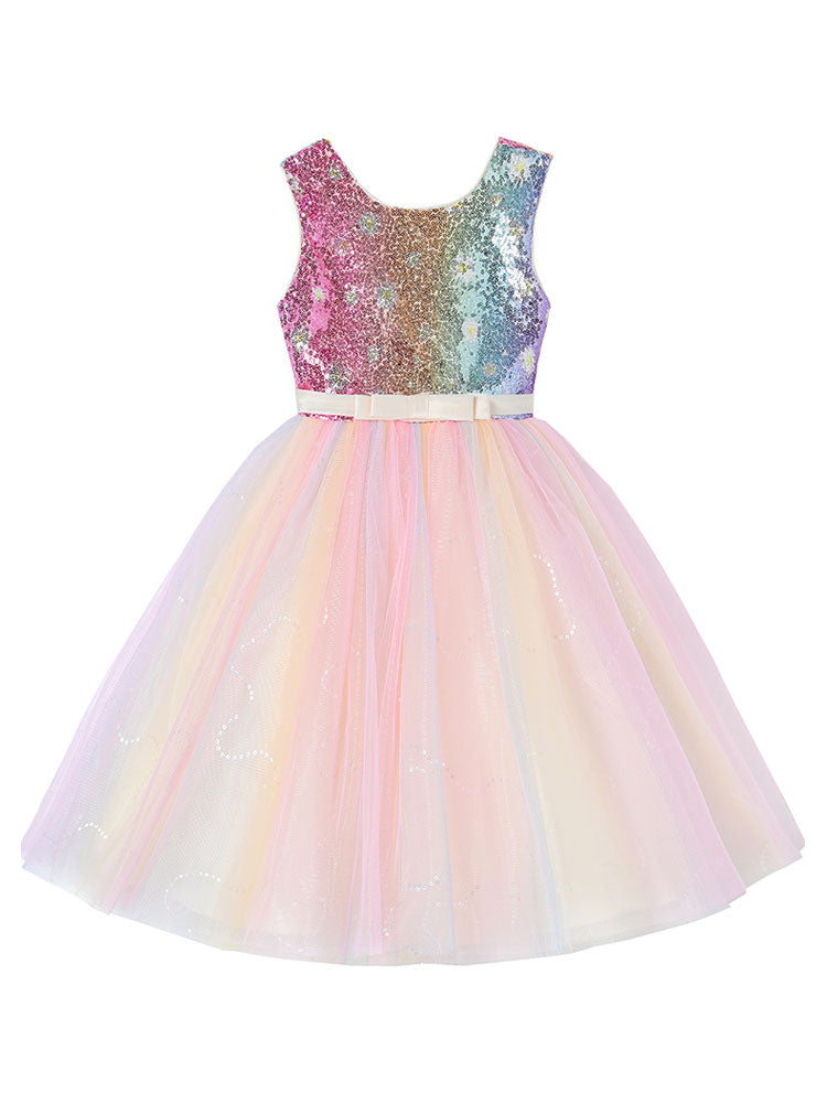 Pink Jewel Neck Polyester Sleeveless Short A-Line Tulle Sequins Kids Party Dresses-showprettydress