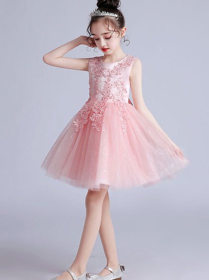 Pink Jewel Neck Short Sleeves Embroidered Formal Kids Pageant flower girl dresses-showprettydress