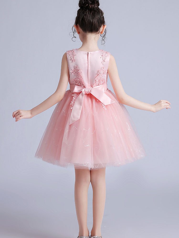 Pink Jewel Neck Short Sleeves Embroidered Formal Kids Pageant flower girl dresses-showprettydress