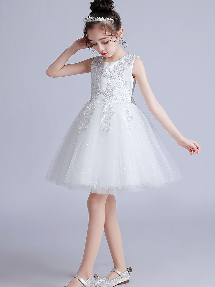 Pink Jewel Neck Short Sleeves Embroidered Formal Kids Pageant flower girl dresses-showprettydress