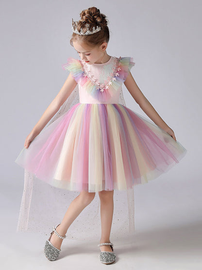 Pink Jewel Neck Short Sleeves Kids Social Party Dresses Princess Dress-showprettydress