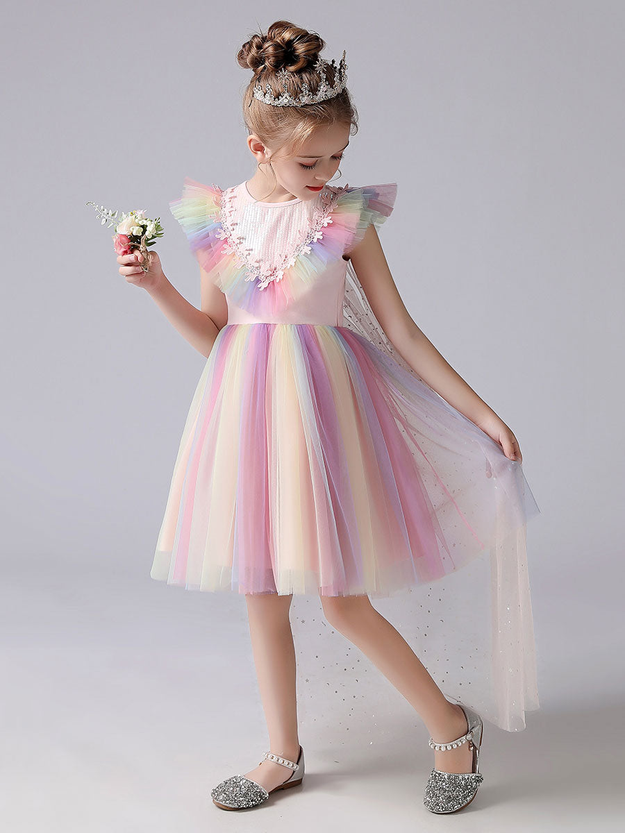 Pink Jewel Neck Short Sleeves Kids Social Party Dresses Princess Dress-showprettydress