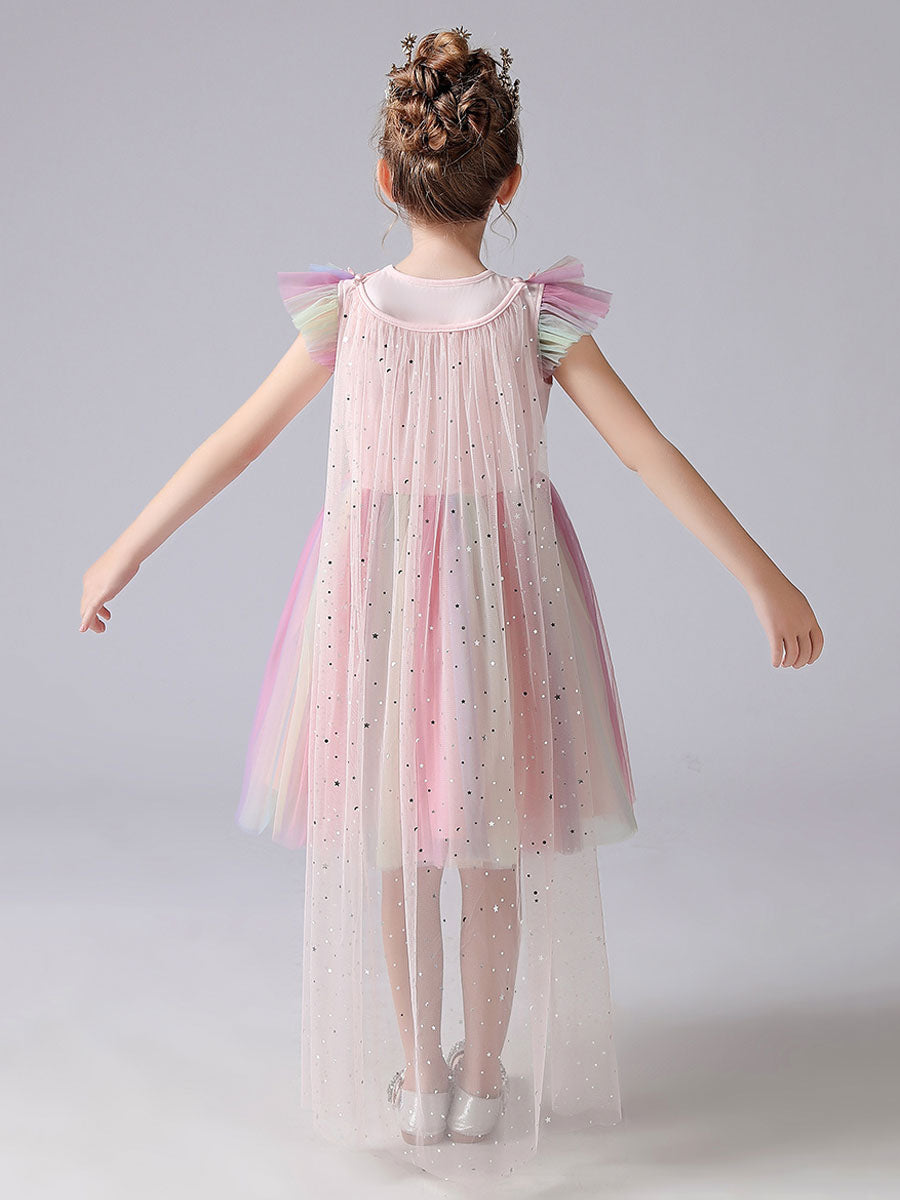 Pink Jewel Neck Short Sleeves Kids Social Party Dresses Princess Dress-showprettydress