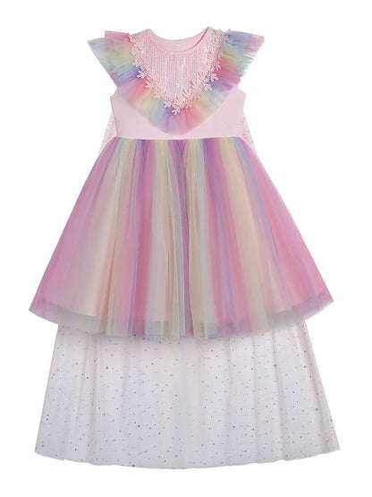 Pink Jewel Neck Short Sleeves Kids Social Party Dresses Princess Dress-showprettydress