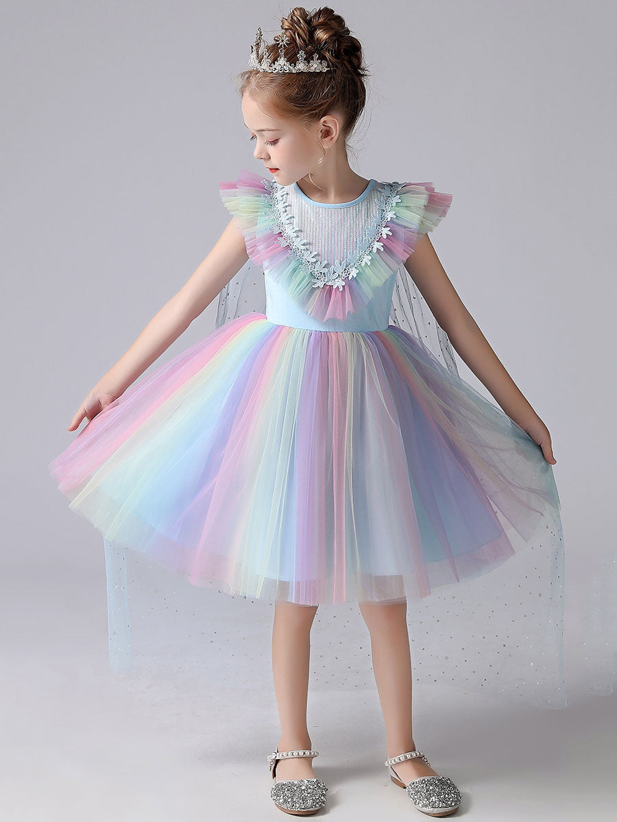 Pink Jewel Neck Short Sleeves Kids Social Party Dresses Princess Dress-showprettydress