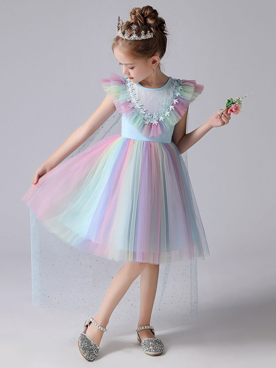 Pink Jewel Neck Short Sleeves Kids Social Party Dresses Princess Dress-showprettydress