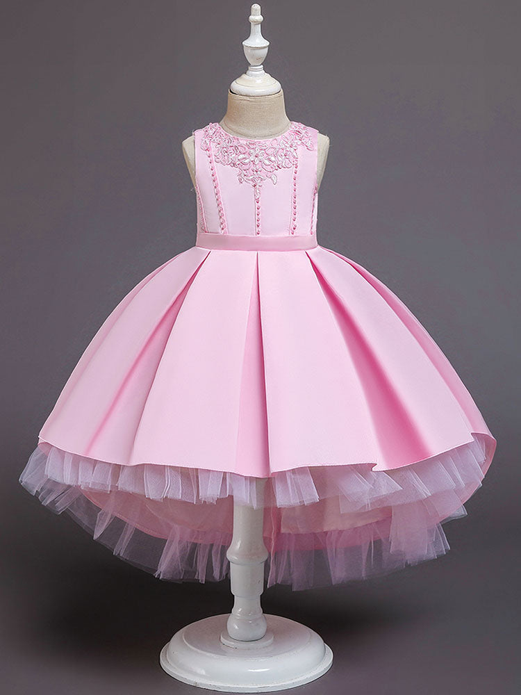 Pink Jewel Neck Sleeveless A-Line Bows Flowers Polyester Cotton Tulle Polyester Formal Kids Pageant flower girl dresses-showprettydress