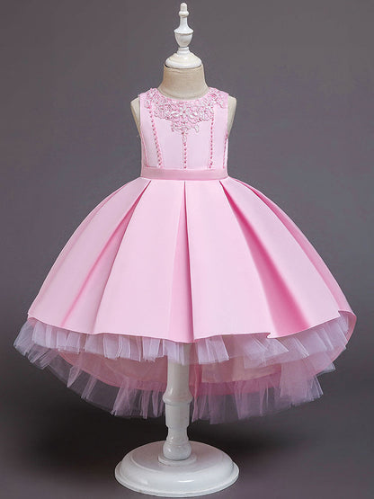 Pink Jewel Neck Sleeveless A-Line Bows Flowers Polyester Cotton Tulle Polyester Formal Kids Pageant flower girl dresses-showprettydress